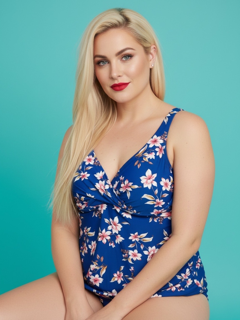 George Blue Pink Floral Twist-Front Underwire Tankini Top Plus Size 2X